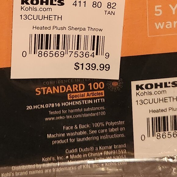 Cuddl Duds Heated Plush to Sherpa Throw Blanket – Tan | NWT in Box - Picture 9 of 9